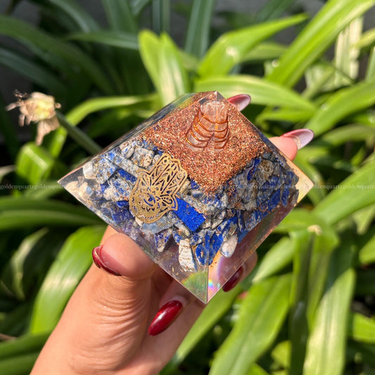 Lapis Lazuli Copper Dust Lemuria Hamza Hand Symbol Orgonite /Orgone Pyramid For Communication & Intuition - Golden Quartz