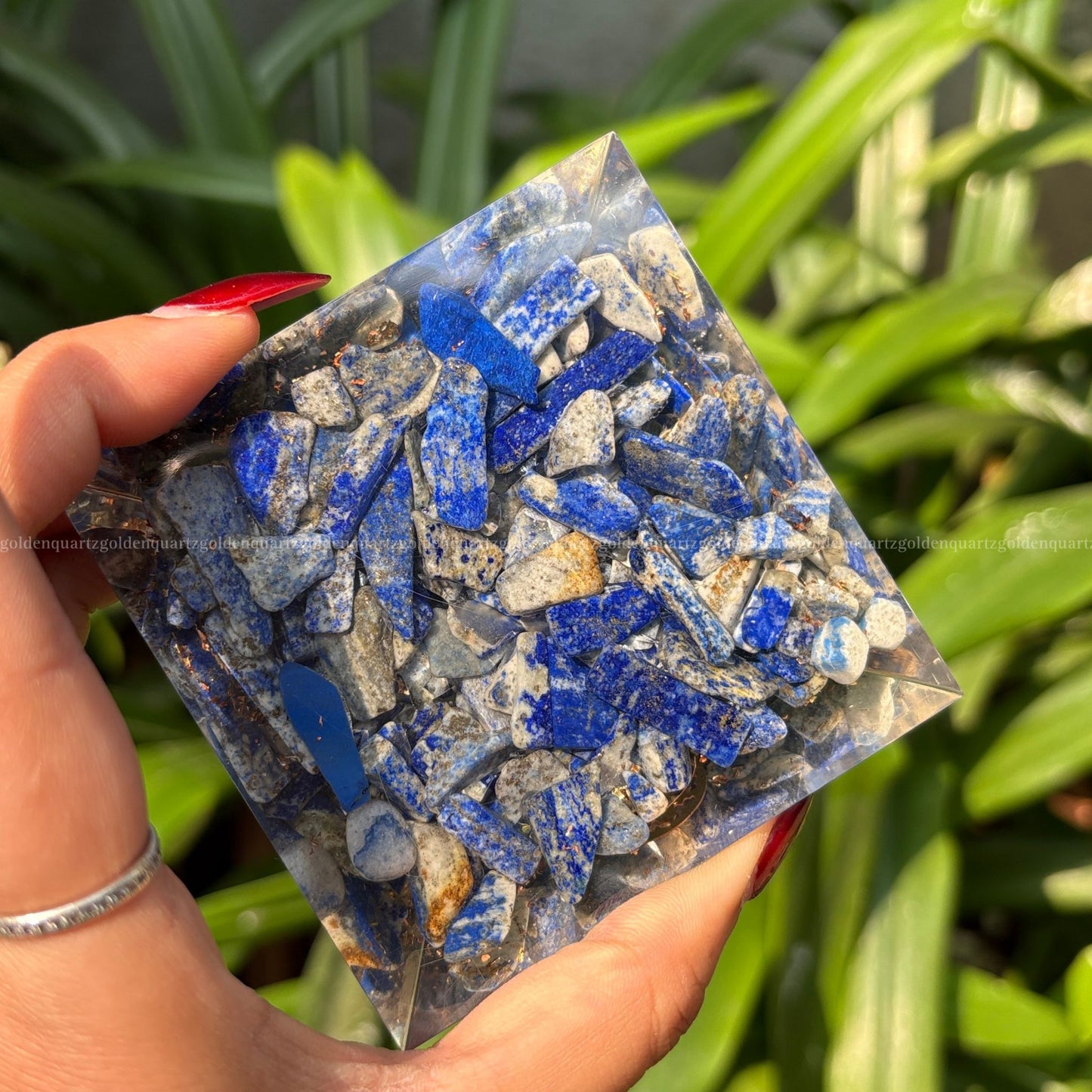 Lapis Lazuli Copper Dust Lemuria Hamza Hand Symbol Orgonite /Orgone Pyramid For Communication & Intuition - Golden Quartz
