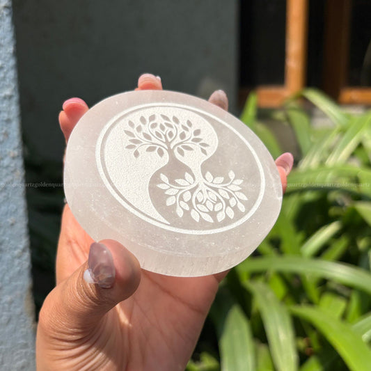 Tree of Life Yin Yang Selenite Charging Plate ( White Etched ) 3"