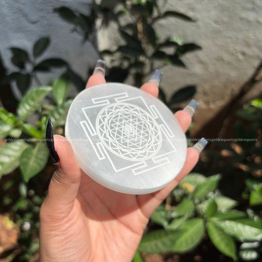 Shree Yantra Selenite ( White Etched ) Charging Plate 3" - Golden Quartz