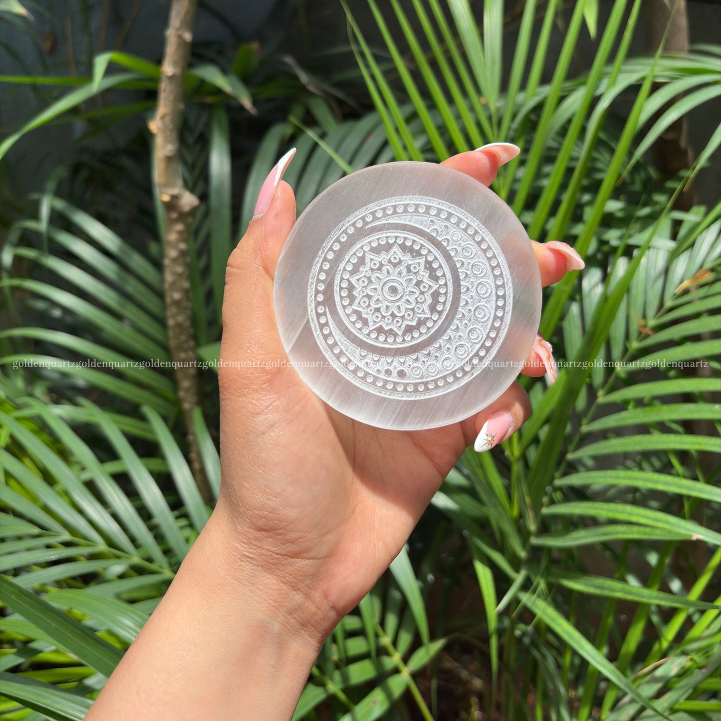 Crescent Moon With Flower Selenite Charging Plate ( White Etched ) 3" - Golden Quartz