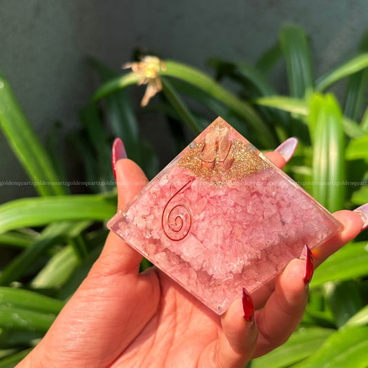 Rose Quartz Copper Orgonite /Orgone Pyramid For Love - Golden Quartz