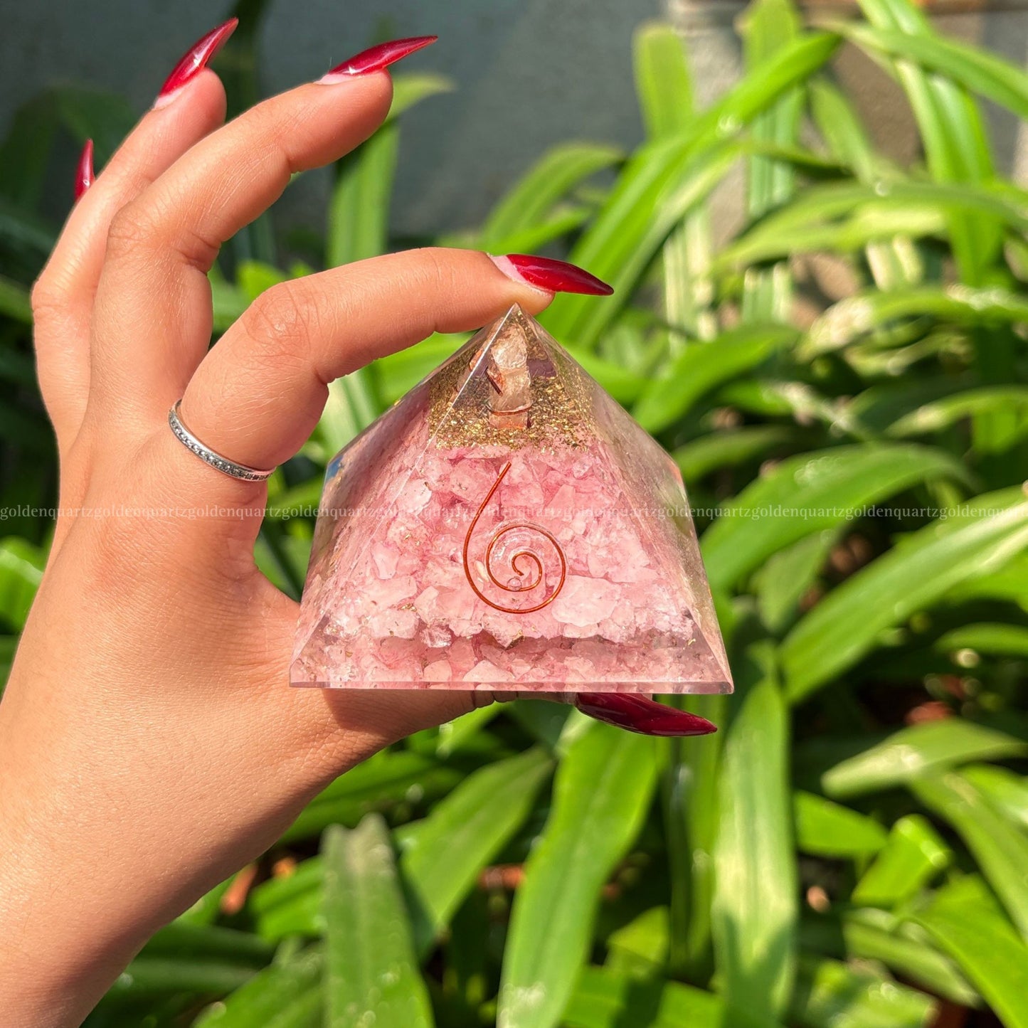 Rose Quartz Copper Orgonite /Orgone Pyramid For Love - Golden Quartz