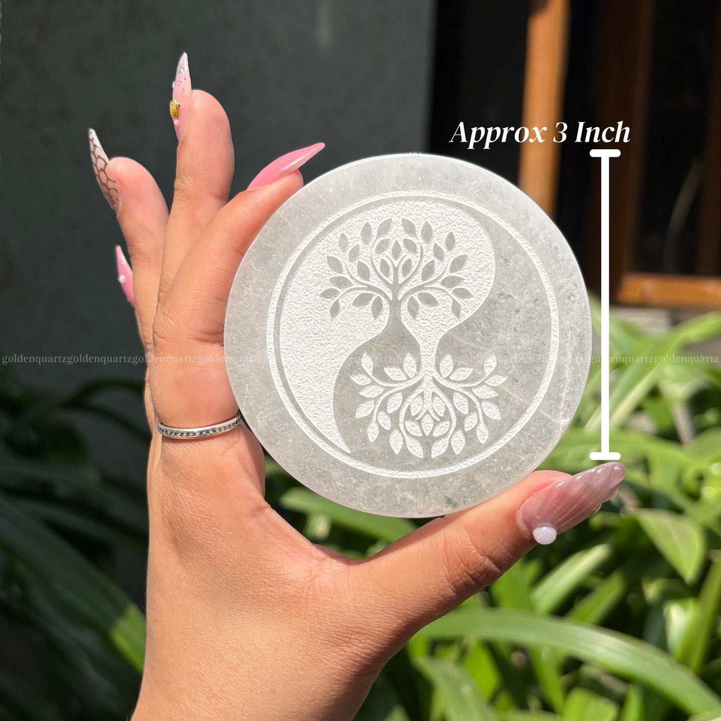 Tree of Life Yin Yang Selenite Charging Plate ( White Etched ) 3"