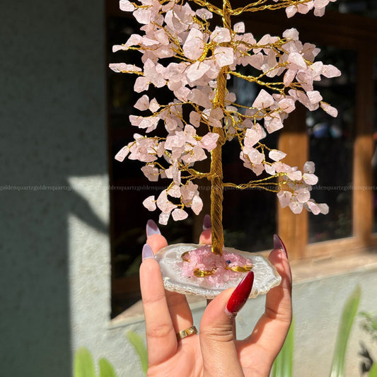 Rose Quartz Agate Slice Coaster Base,Golden Wire (300 Beads)Trees - Golden Quartz