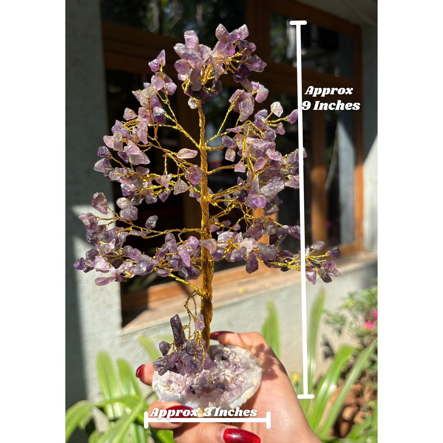 Amethyst Agate Slice Coaster Base,Golden Wire (300 Beads)Trees - Golden Quartz