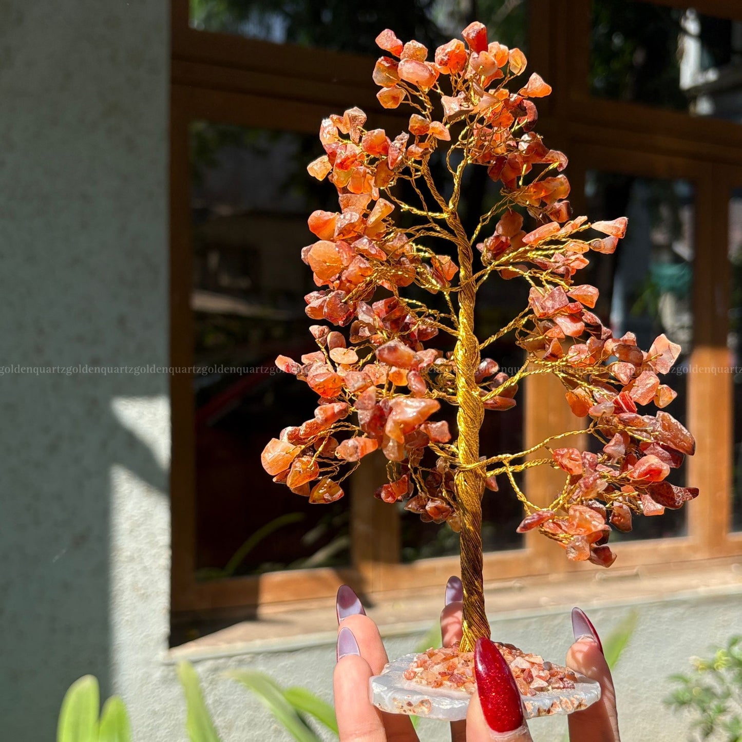 Carnelian Agate Slice Coaster Base,Golden Wire (300 Beads)Trees - Golden Quartz