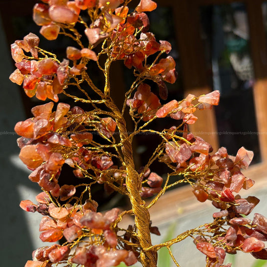 Carnelian Agate Slice Coaster Base,Golden Wire (300 Beads)Trees - Golden Quartz