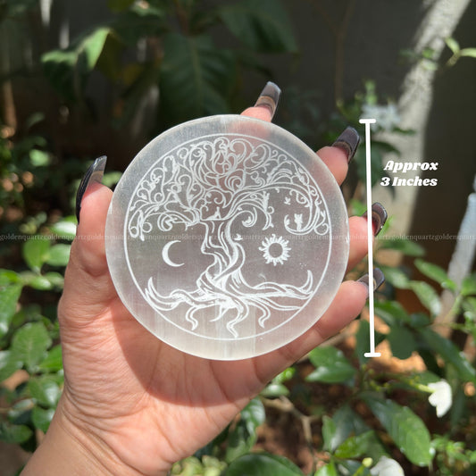 Tree Of Life Sun & Moon Selenite Charging Plate ( White Etched ) 3"