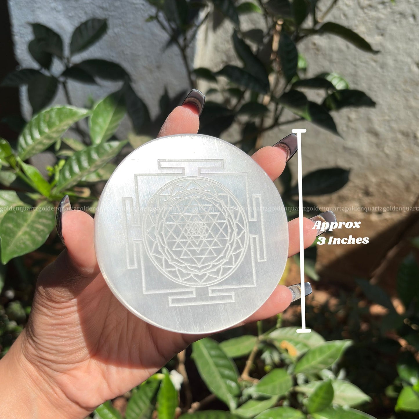 Shree Yantra Selenite ( White Etched ) Charging Plate 3" - Golden Quartz