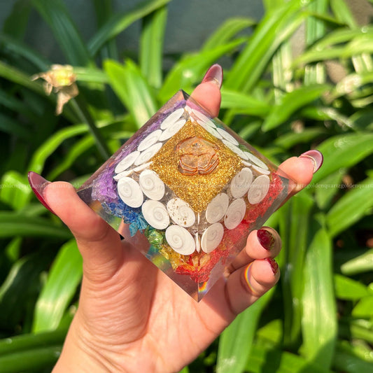 7 Seven Chakra Rainbow With Gomti Chakra Orgonite/Orgone Pyramid For Balance & Abundance - Golden Quartz