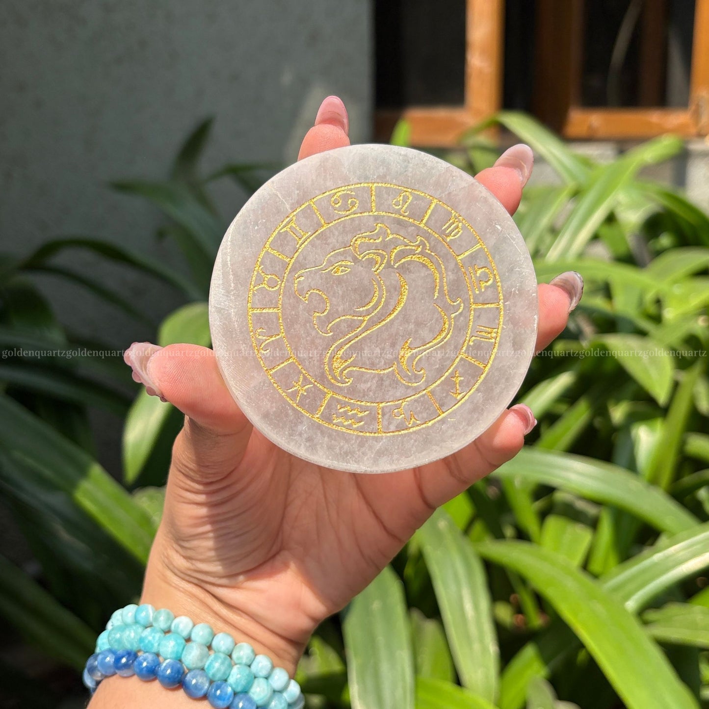 Zodiac Signs with Lion Selenite Charging Plate ( White Etched ) 3"