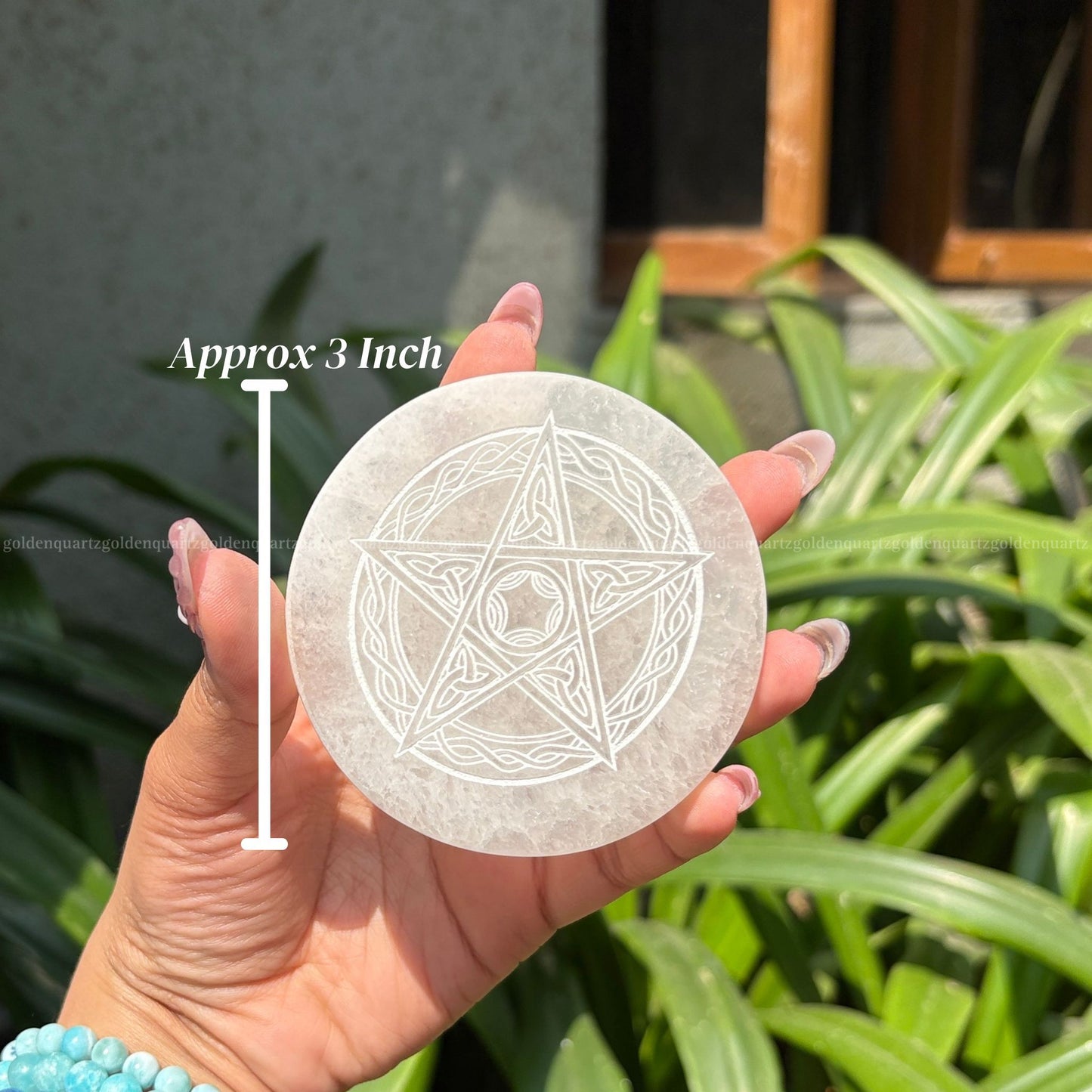 Pentacle Celtic Knotwork Selenite Charging Plate ( White Etched ) 3"