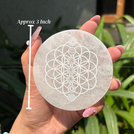 Flower Of Life With Chakras Selenite Charging Plate ( White Etched ) 3"