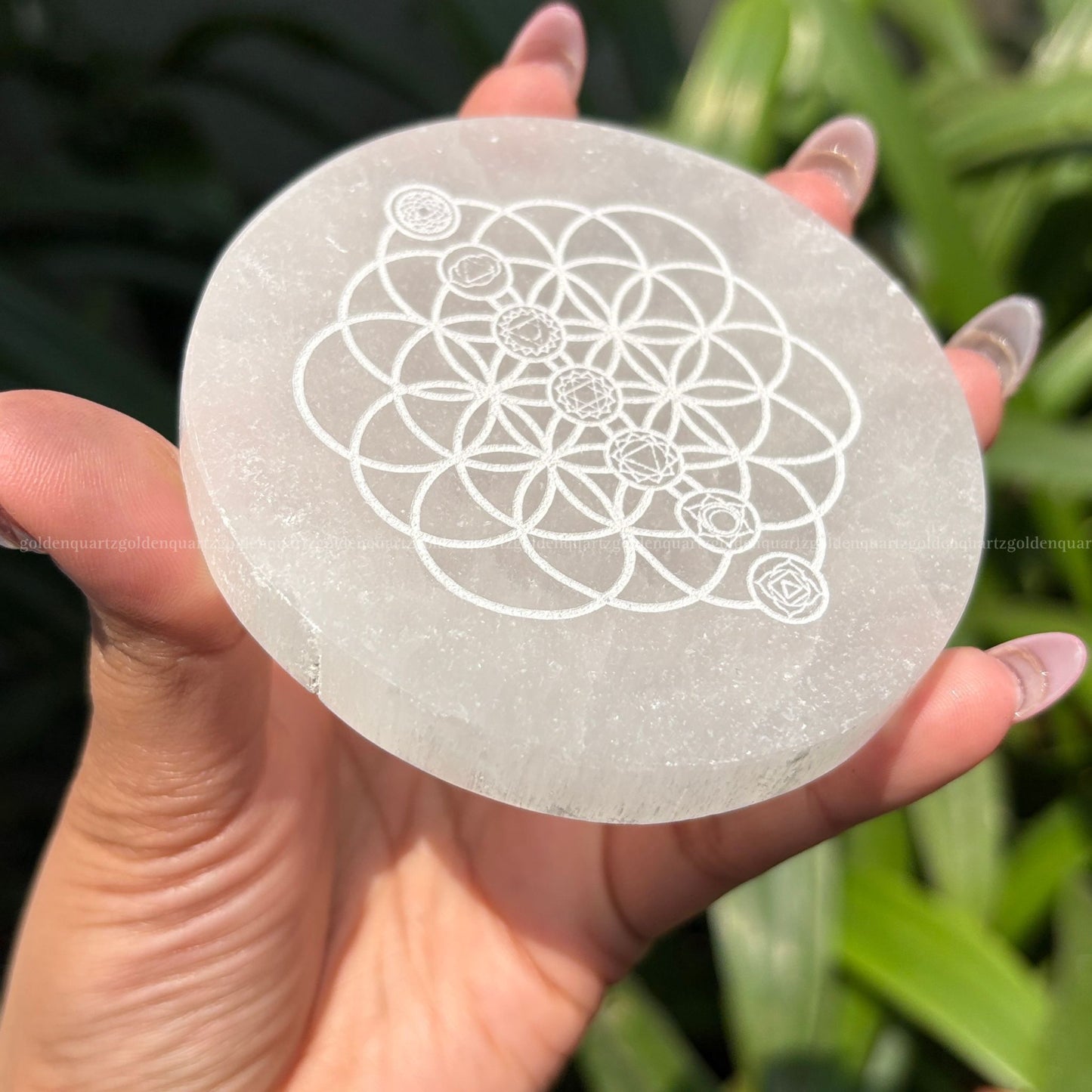Flower Of Life With Chakras Selenite Charging Plate ( White Etched ) 3"