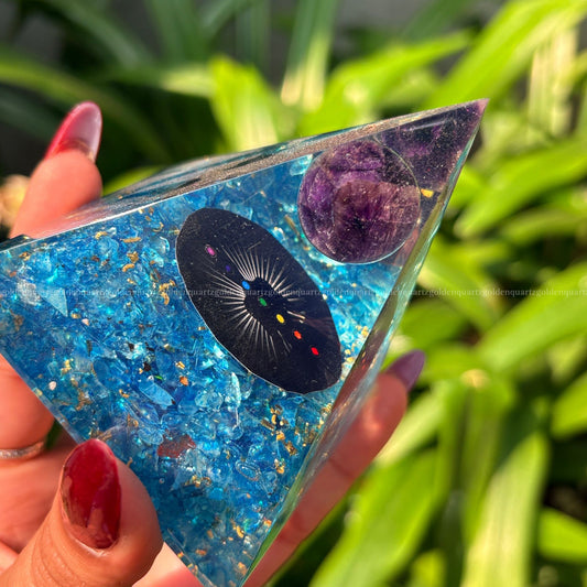 Aquamarine Seven Chakra Galaxy Amethyst Sphere Orgonite /Orgone Pyramid For Awakening, Focus & Balance - Golden Quartz