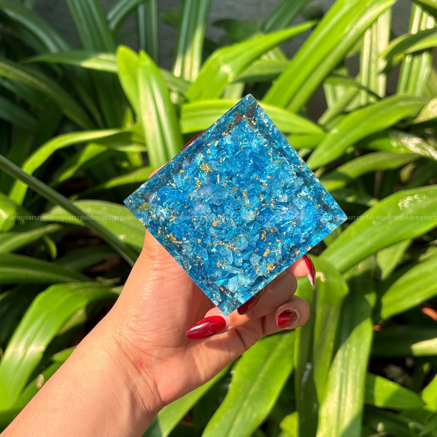 Aquamarine Seven Chakra Galaxy Amethyst Sphere Orgonite /Orgone Pyramid For Awakening, Focus & Balance - Golden Quartz