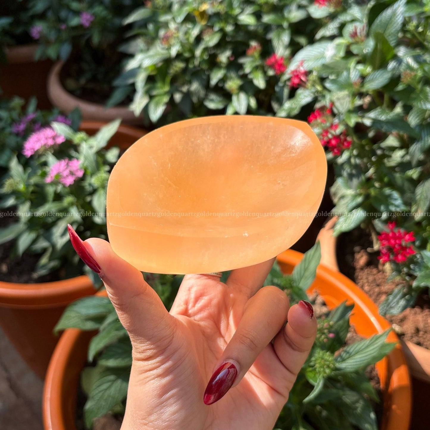 Selenite Bowl Leaf 4 Inch (Peach/ Orange) - Golden Quartz