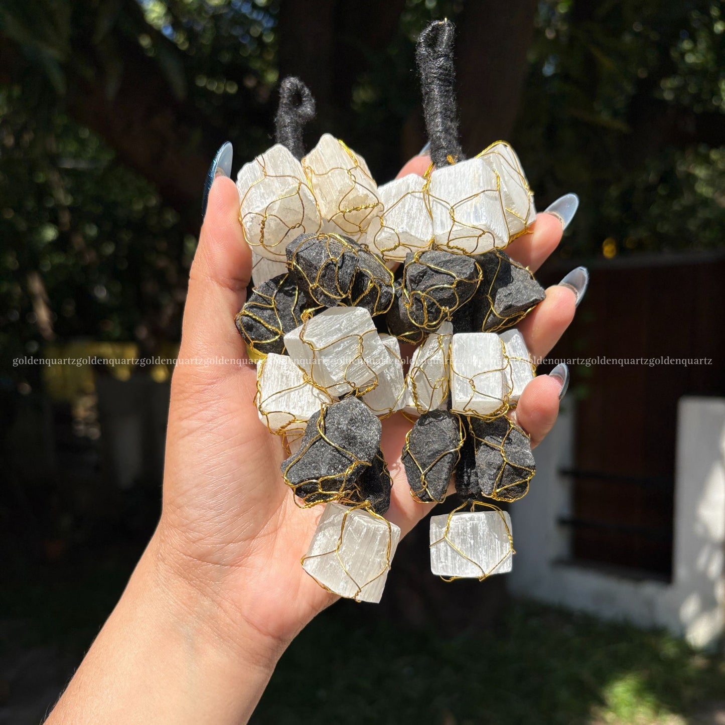 Black Tourmaline & Selenite Hanging Grape Raw Chunk Hanging - Golden Quartz