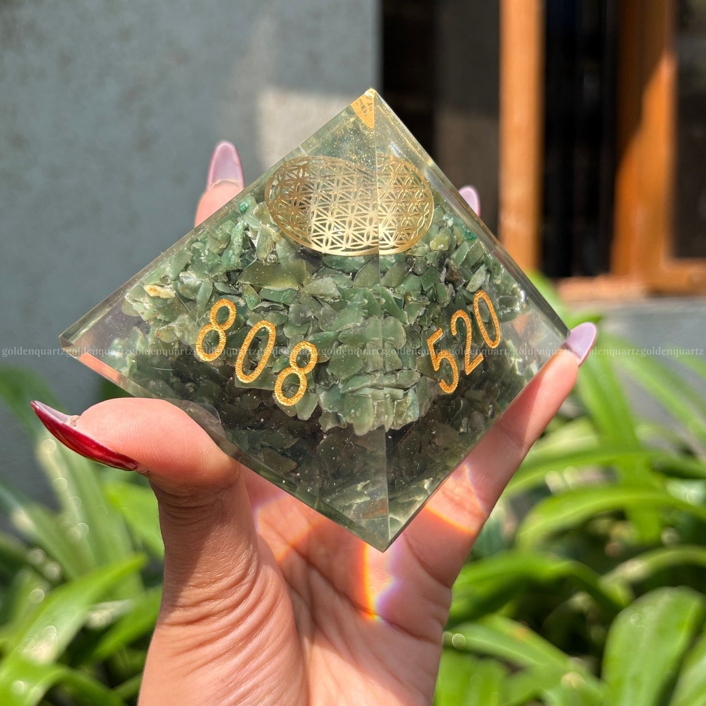 Green Aventurine Flower Of Life Copper Disk Zibu Signs Orgonite /Orgone Pyramid For Money & Growth - Golden Quartz