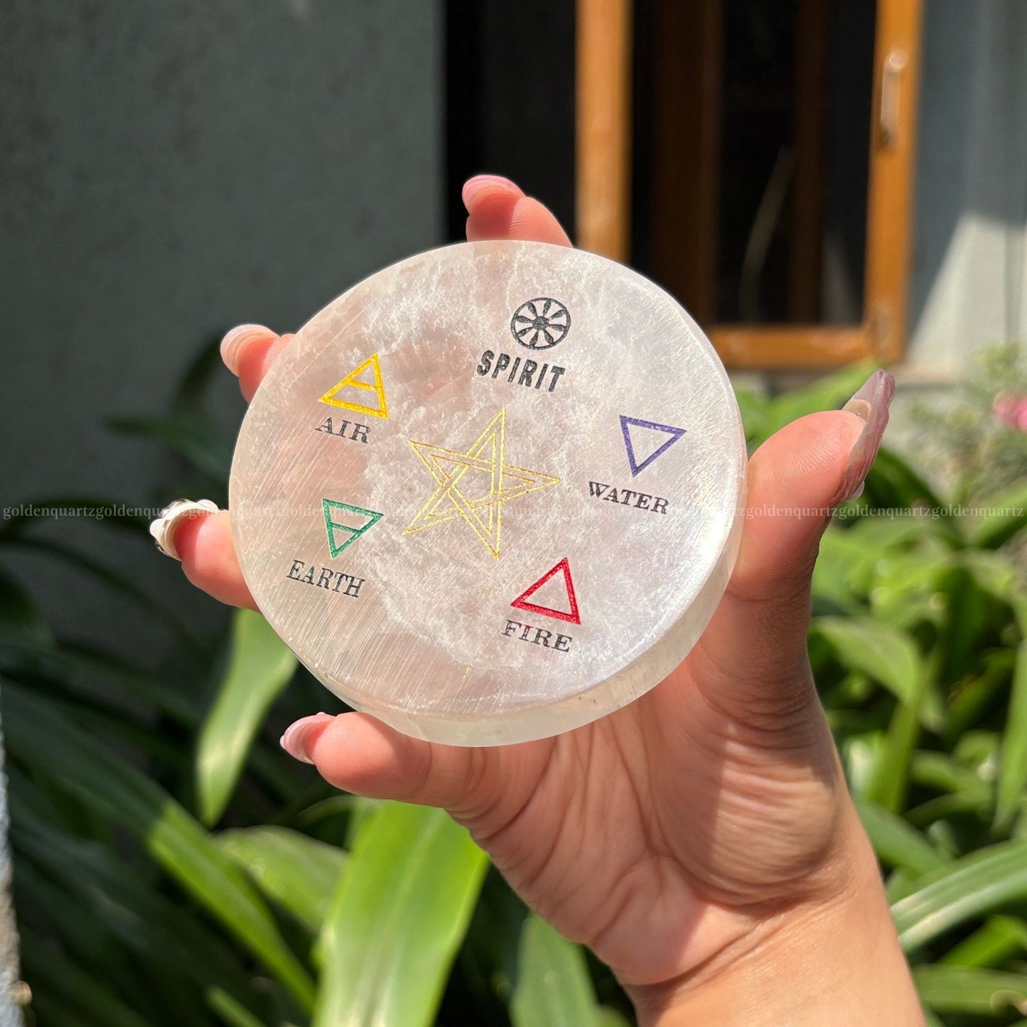 5 Nature Elements Symbol Selenite Charging Plate ( White Etched ) 3"