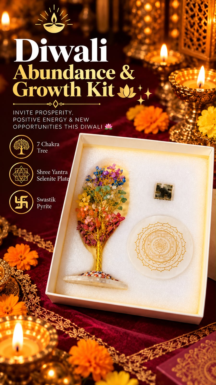 A Diwali Abundance & Growth Kit gift set displayed in an open cream-colored box, featuring a colorful pressed floral tree of life, a small mandala disc, and a square card, set against a festive background with lit candles and orange marigold flowers.