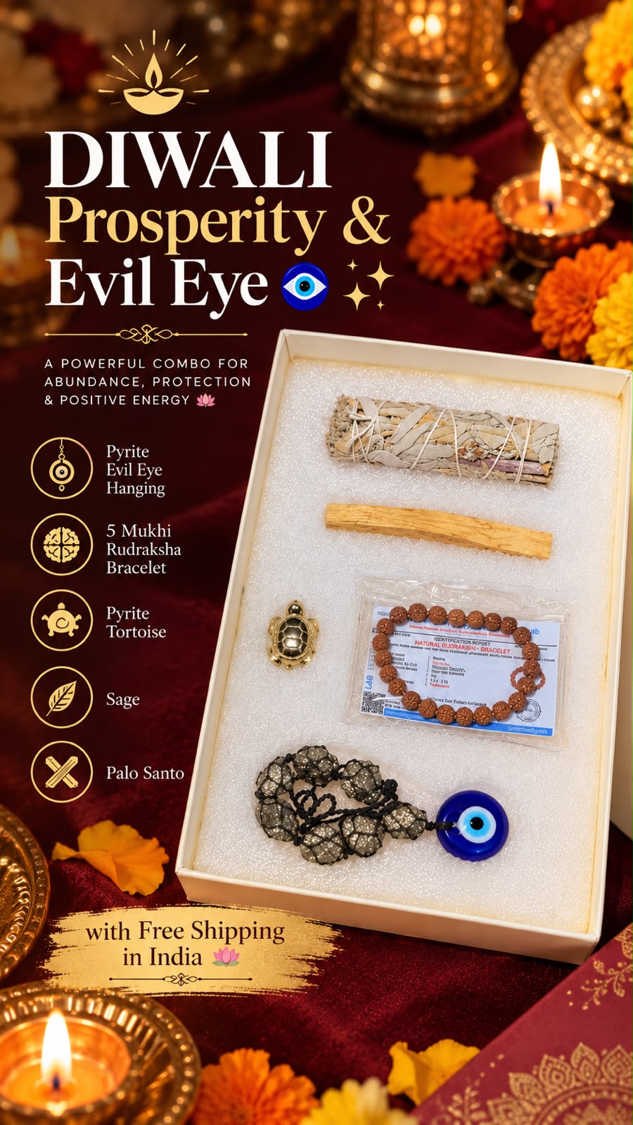 Golden Quartz Diwali prosperity and evil eye gift set with pyrite evil eye hanging, 5 Mukhi Rudraksha bracelet, pyrite tortoise, sage and Palo Santo stick.