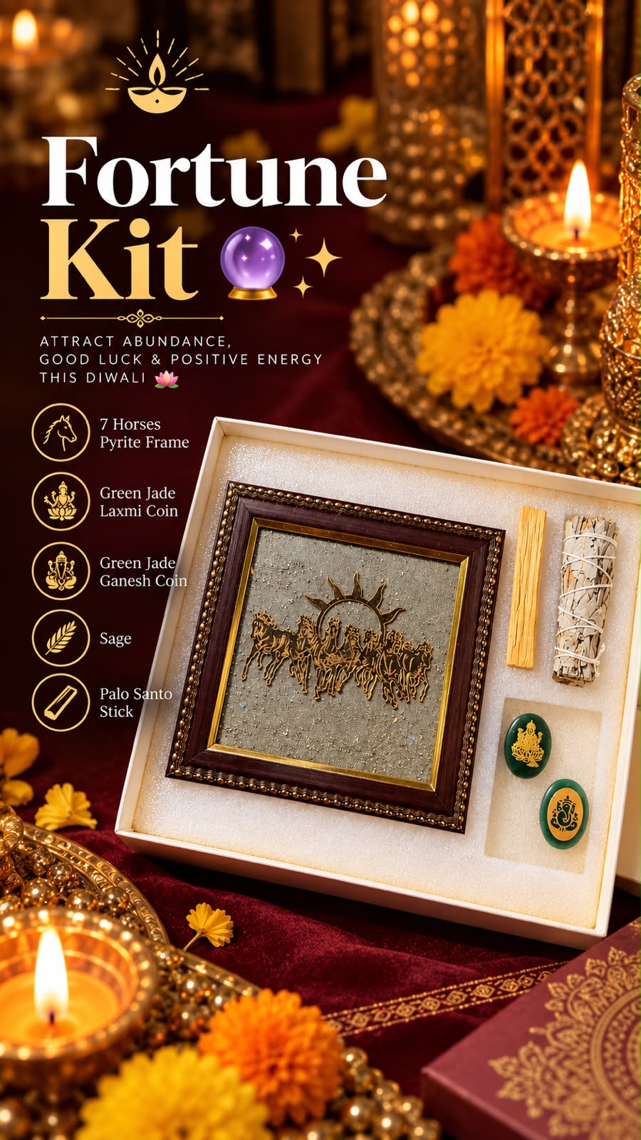 Golden Quartz prosperity gift set with seven horses pyrite frame, green jade Lakshmi and Ganesh coins, sage and Palo Santo stick.