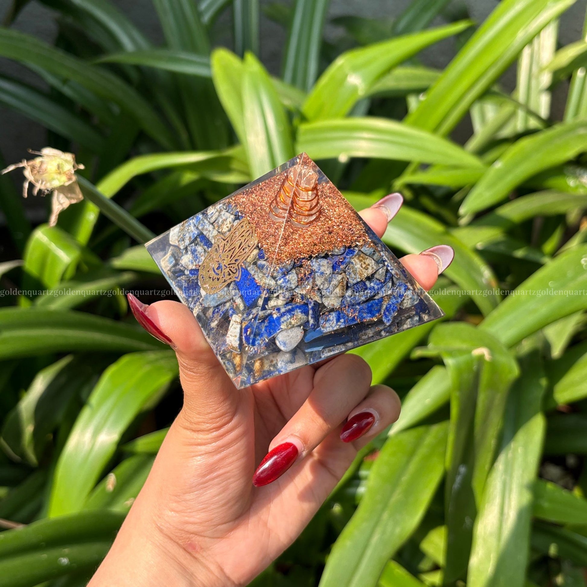 Lapis Lazuli Copper Dust Lemuria Hamza Hand Symbol Orgonite /Orgone Pyramid For Communication & Intuition - Golden Quartz 