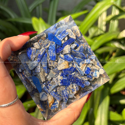 Lapis Lazuli Copper Dust Lemuria Hamza Hand Symbol Orgonite /Orgone Pyramid For Communication & Intuition - Golden Quartz 