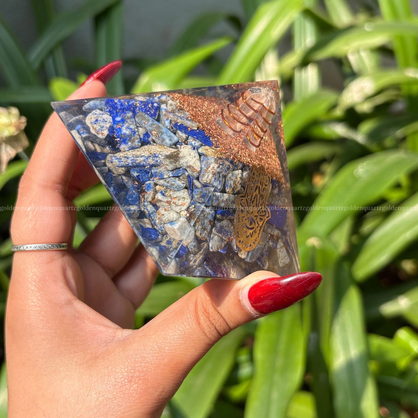 Lapis Lazuli Copper Dust Lemuria Hamza Hand Symbol Orgonite /Orgone Pyramid For Communication & Intuition - Golden Quartz 