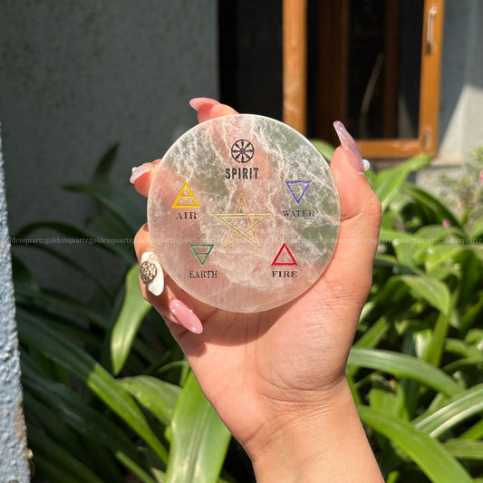 5 Nature Elements Symbol Selenite Charging Plate ( White Etched ) 3"
