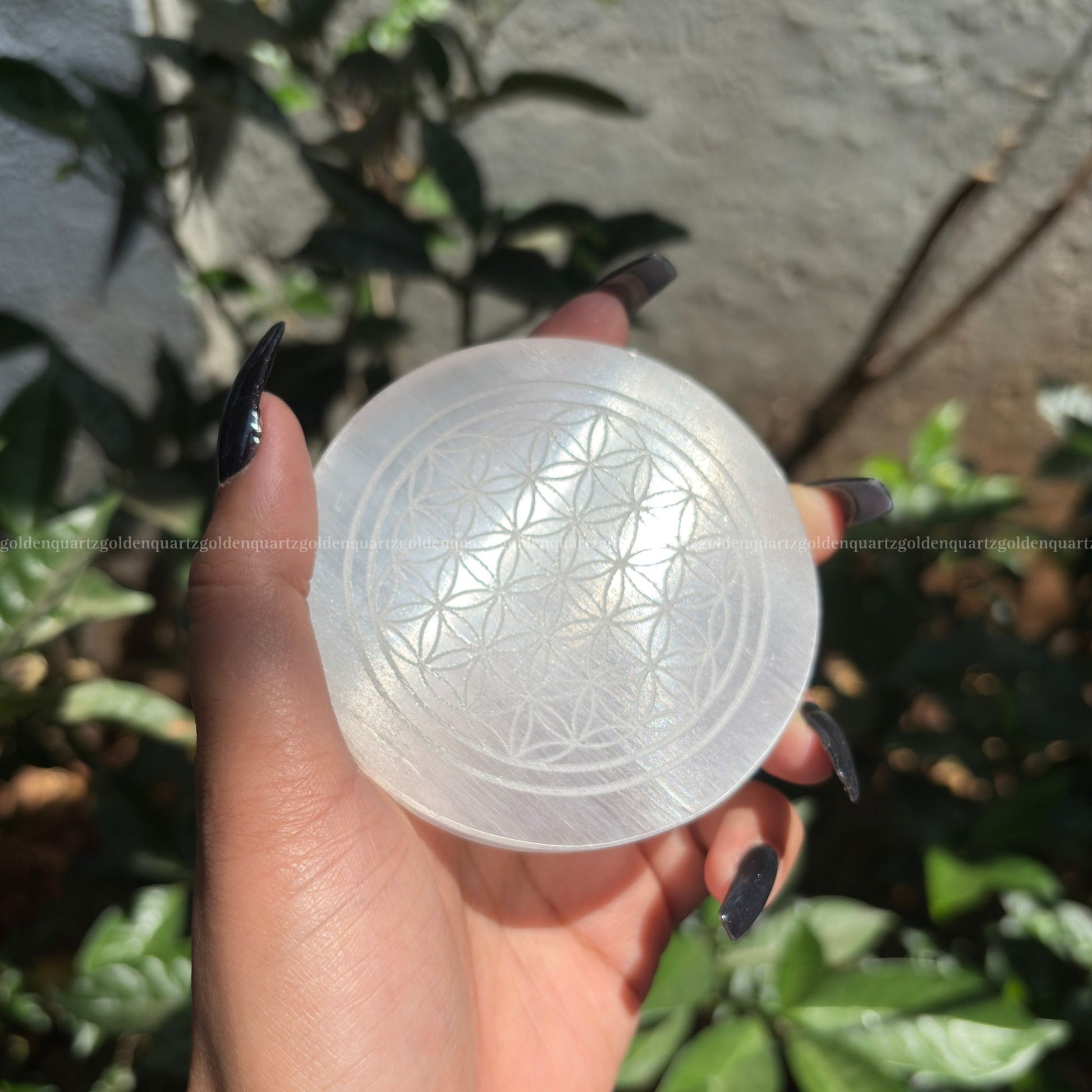 Flower Of Life Selenite ( White Etched ) Charging Plate - Golden Quartz 
