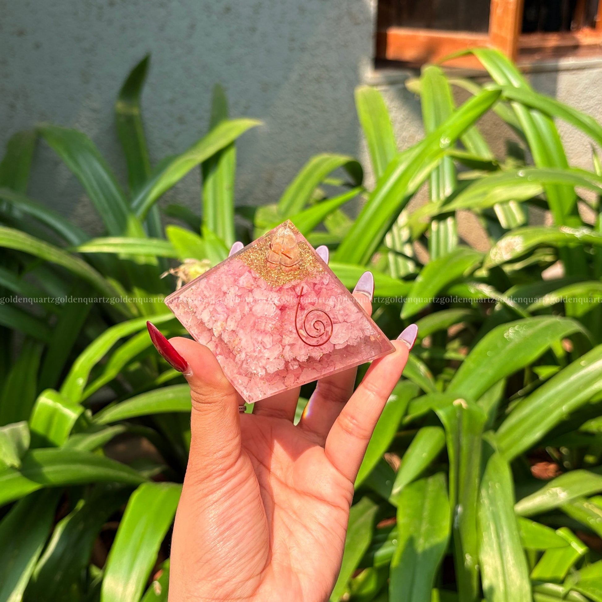 Rose Quartz Copper Orgonite /Orgone Pyramid For Love - Golden Quartz 