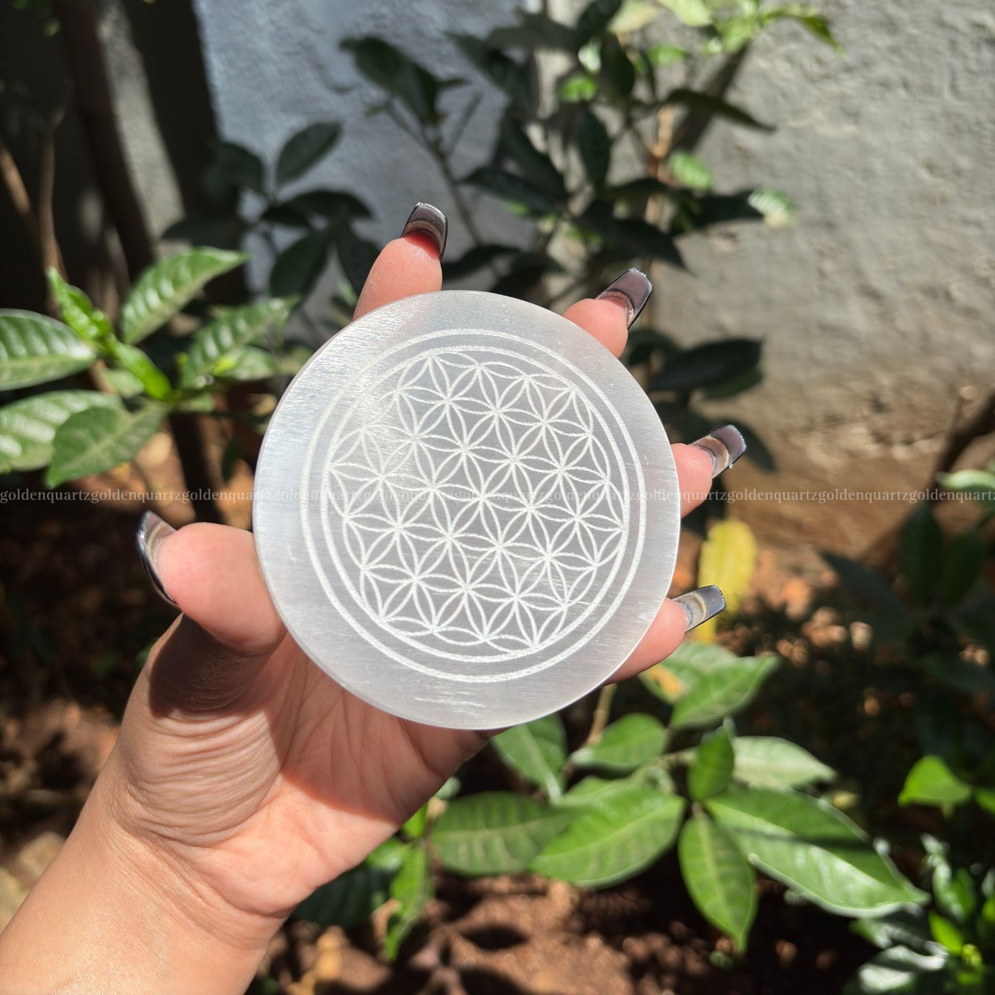 Flower Of Life Selenite ( White Etched ) Charging Plate - Golden Quartz 