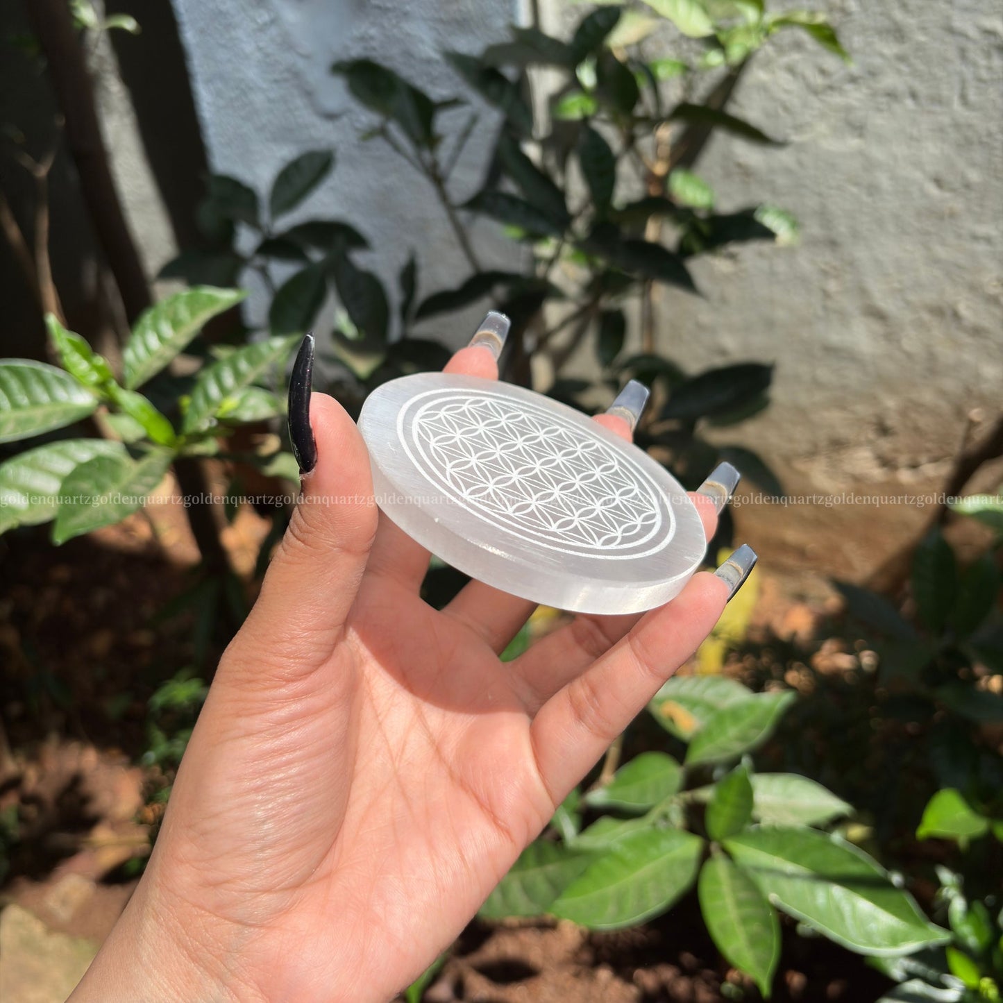 Flower Of Life Selenite ( White Etched ) Charging Plate - Golden Quartz 
