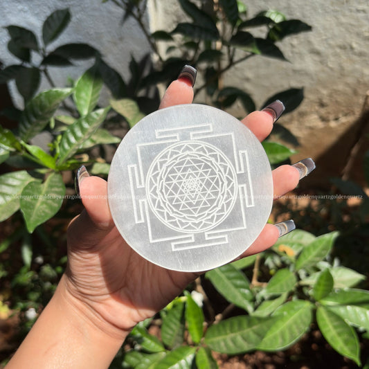 Shree Yantra Selenite ( White Etched ) Charging Plate 3" - Golden Quartz 