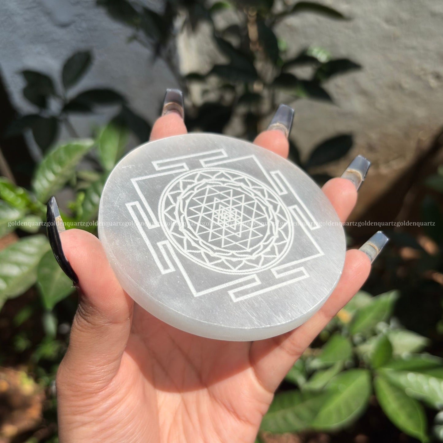 Shree Yantra Selenite ( White Etched ) Charging Plate 3" - Golden Quartz 