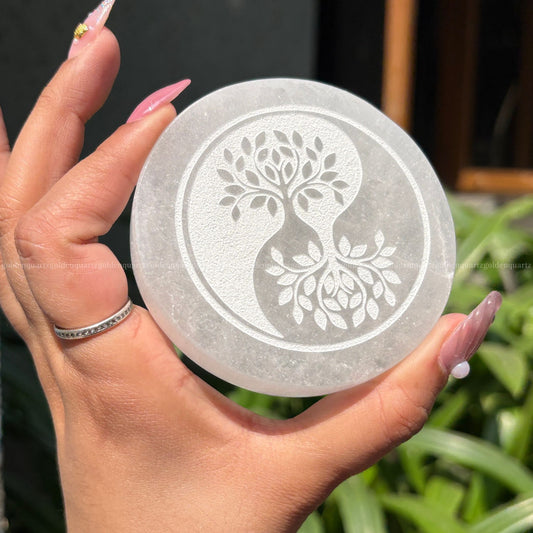 Tree of Life Yin Yang Selenite Charging Plate ( White Etched ) 3"