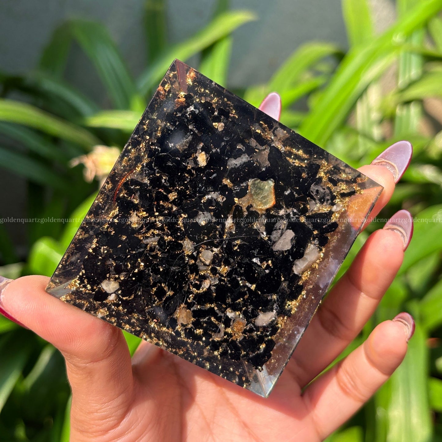 Black Tourmaline & Selenite Copper Orgonite /Orgone Pyramid For Protection & Cleansing - Golden Quartz 