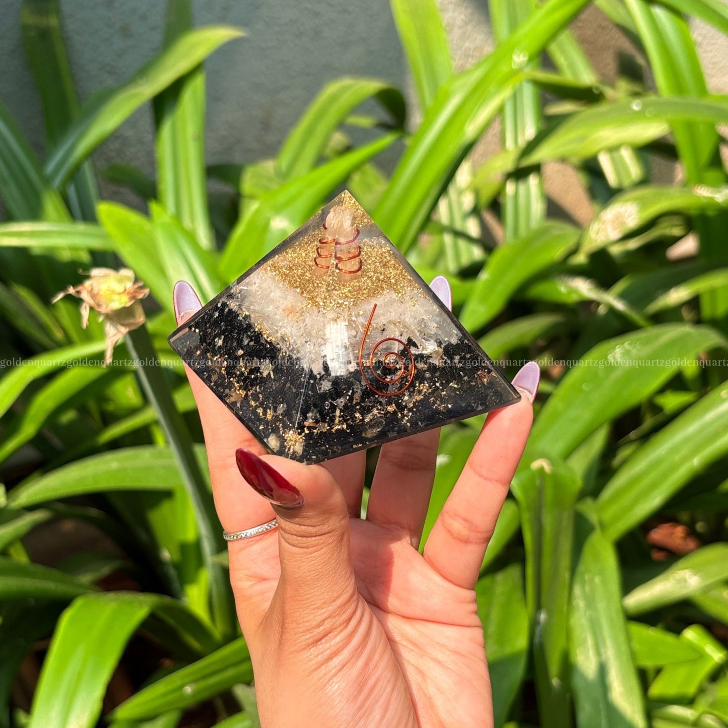 Black Tourmaline & Selenite Copper Orgonite /Orgone Pyramid For Protection & Cleansing - Golden Quartz 