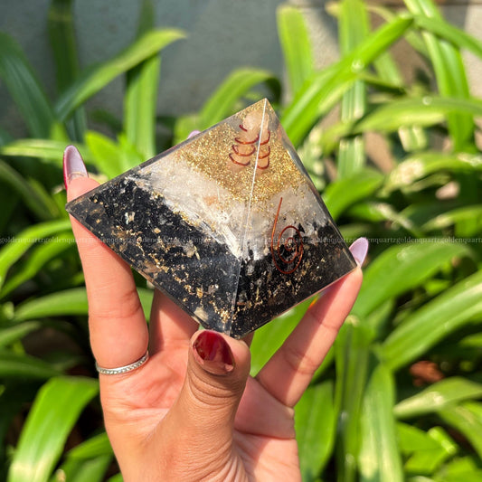 Black Tourmaline & Selenite Copper Orgonite /Orgone Pyramid For Protection & Cleansing - Golden Quartz 