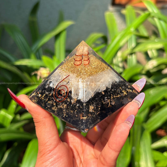 Black Tourmaline & Selenite Copper Orgonite /Orgone Pyramid For Protection & Cleansing - Golden Quartz 