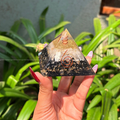 Black Tourmaline & Selenite Copper Orgonite /Orgone Pyramid For Protection & Cleansing - Golden Quartz 