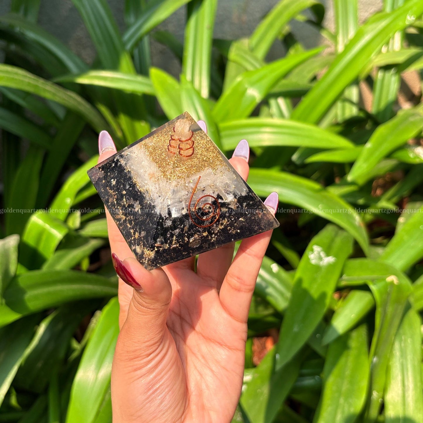 Black Tourmaline & Selenite Copper Orgonite /Orgone Pyramid For Protection & Cleansing - Golden Quartz 