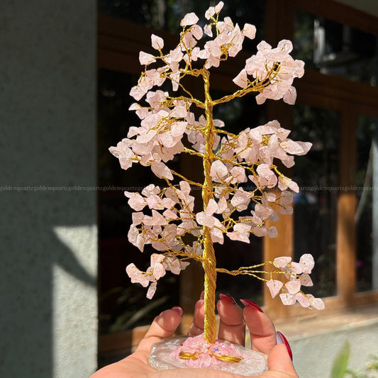 Rose Quartz Agate Slice Coaster Base,Golden Wire (300 Beads)Trees - Golden Quartz 