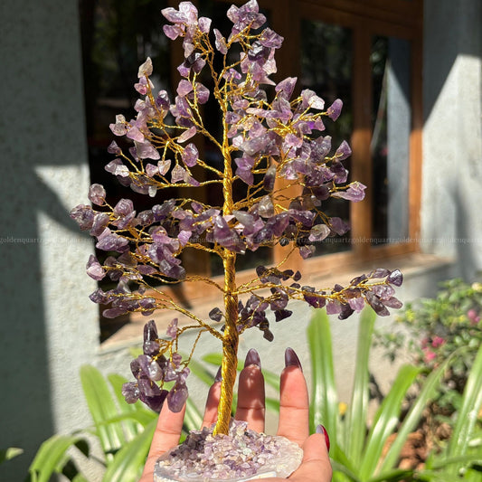Amethyst Agate Slice Coaster Base,Golden Wire (300 Beads)Trees - Golden Quartz 