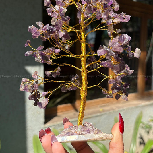 Amethyst Agate Slice Coaster Base,Golden Wire (300 Beads)Trees - Golden Quartz 
