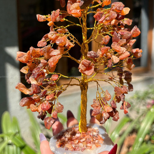 Carnelian Agate Slice Coaster Base,Golden Wire (300 Beads)Trees - Golden Quartz 