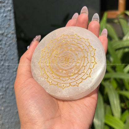 Shree/ Sri Yantra Selenite Charging Plate ( Golden Etched ) 3"